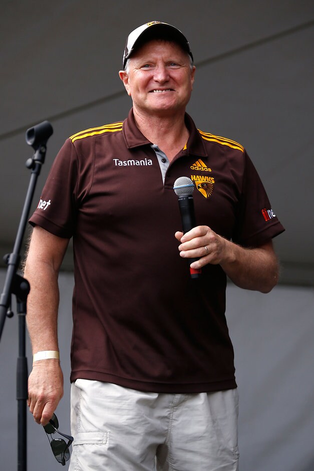 AFL 2014 Media - Hawthorn Family Day Hawthorn legend Peter Knights speaks during the 2014 Toyota Grand Final winners the Hawthorn Hawks family day at Glenferrie Oval, Melbourne on September 28, 2014. (Photo: Darrian Traynor/AFL Media)